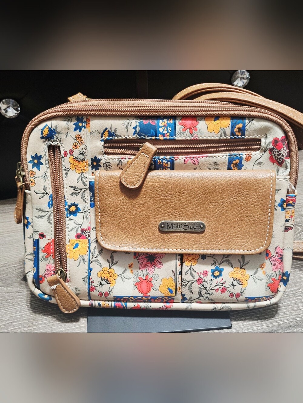Multisac Zippy Triple Compartment Crossbody purse in pretty patch/ hazelnut